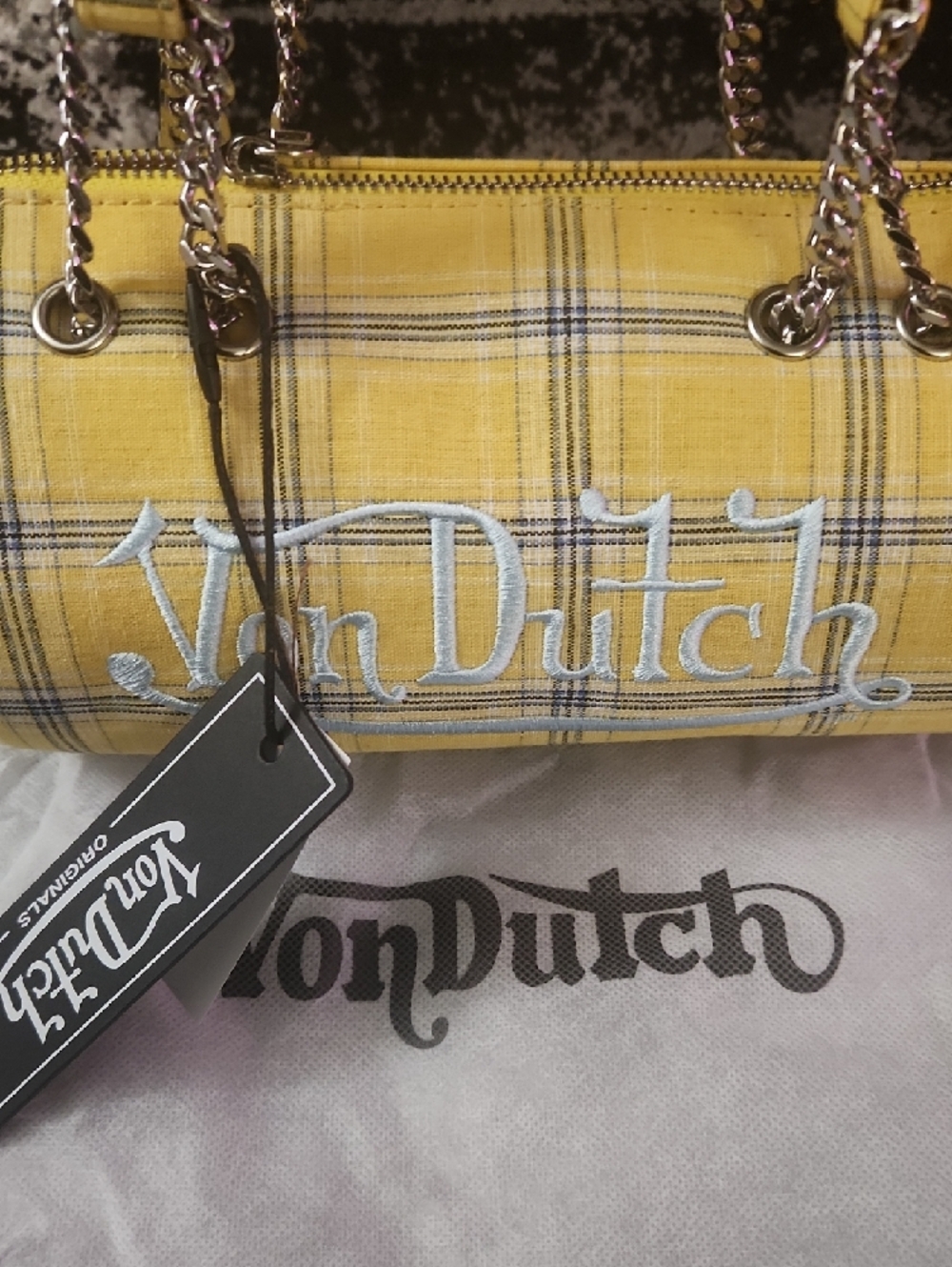 Von Dutch Yellow Plaid Barrel Bag with Silver Chain Accents